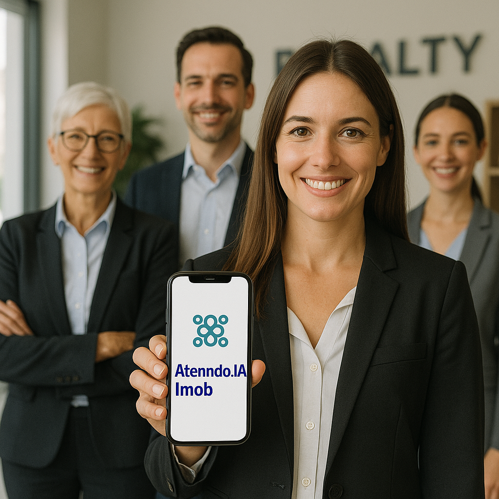 Atenndo.IA Imob - Equipe imobiliária mostrando o aplicativo