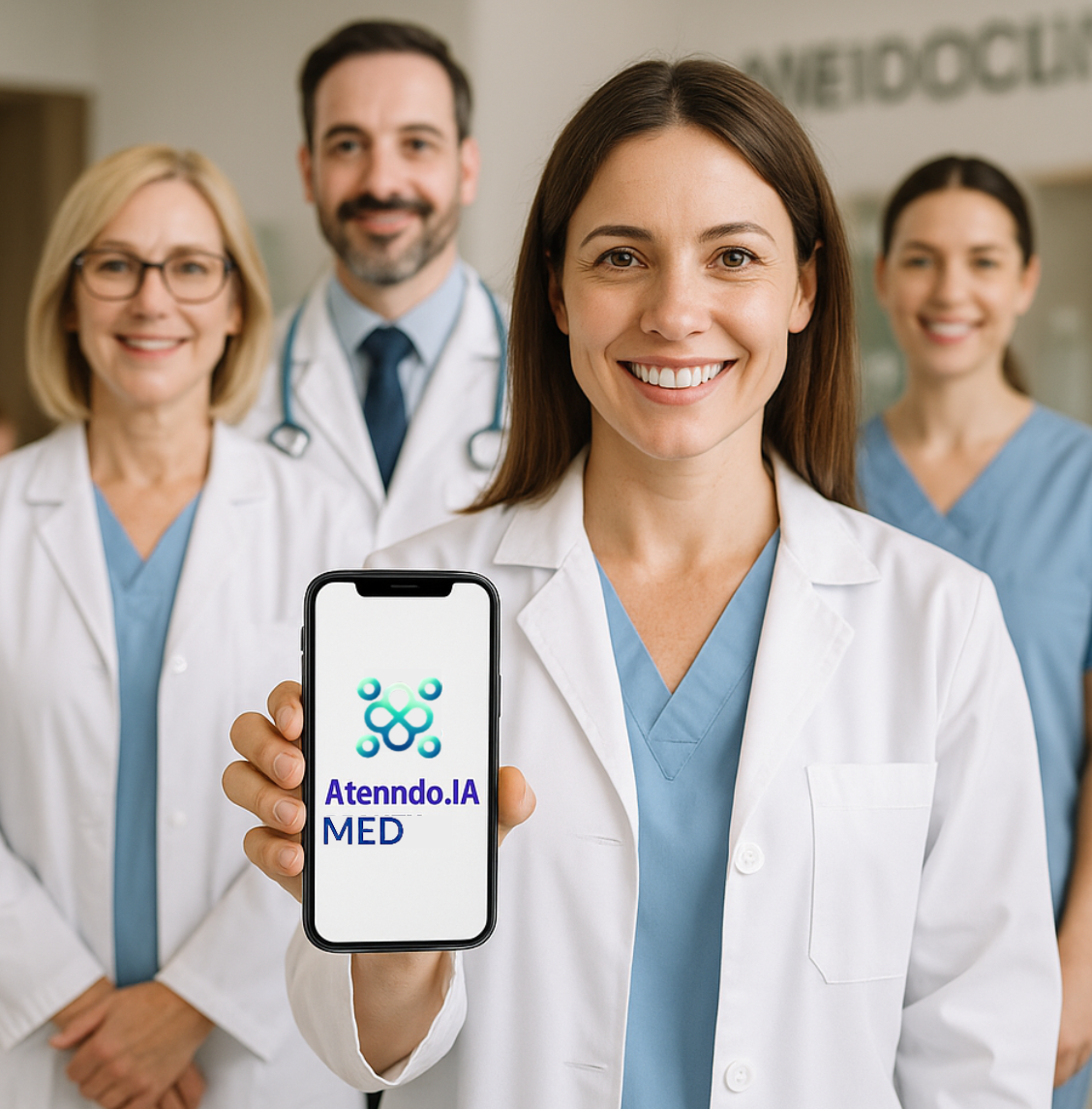 Atenndo.IA Med - Equipe médica mostrando o aplicativo