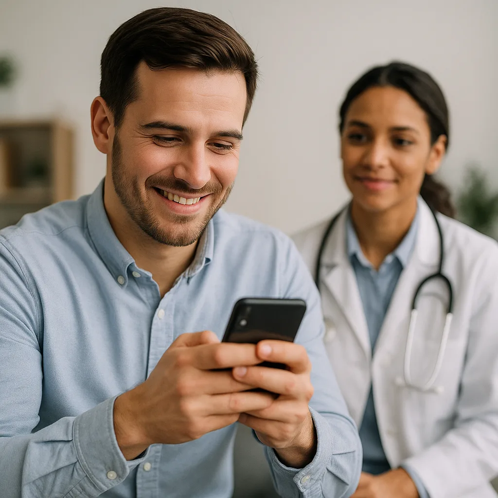 Médico usando smartphone com paciente