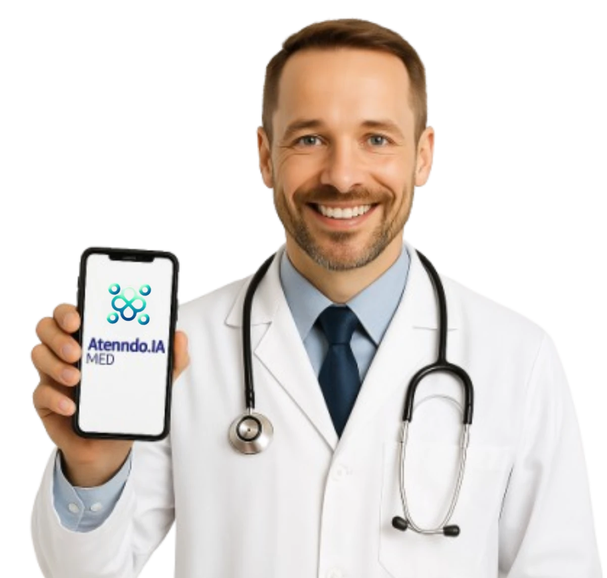 Médico mostrando o aplicativo Atenndo.IA no celular